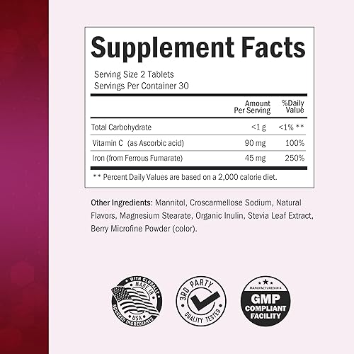 Miniatura 3 de BioSchwartz Vitamina C bariátrica con hierro 45 mg tabletas masticables  30 porciones, 60 tabletas  Suplemento de hierro bariátrico sin azúcar de