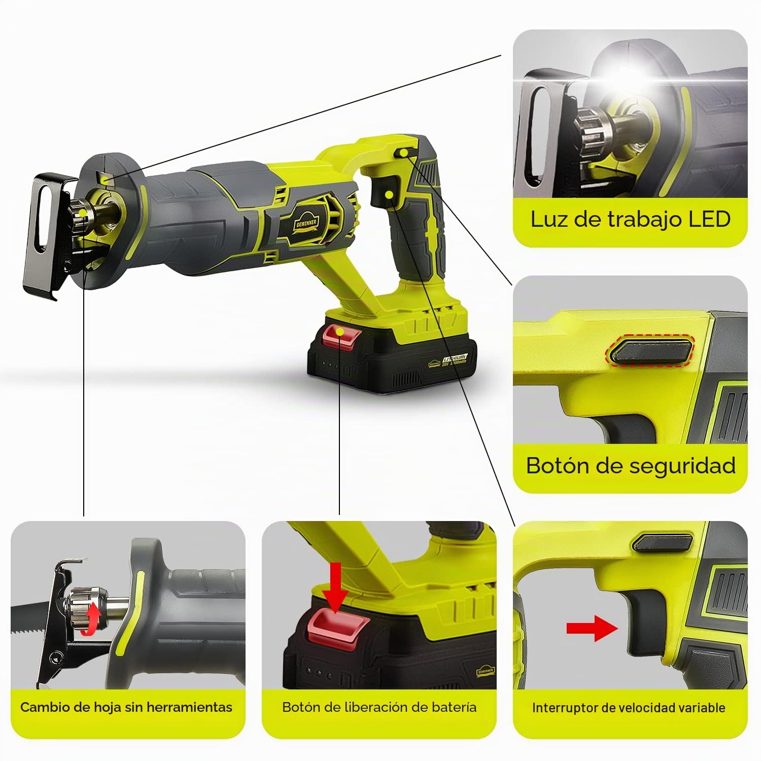 DEWINNER Sierras alternas inalámbricas Sierra compacta de 20 V 2,0 Ah con batería de iones de litio y cargador de 2 palas, velocidad variable, 22 cm, longitud de carrera, reemplazo de hoja sin