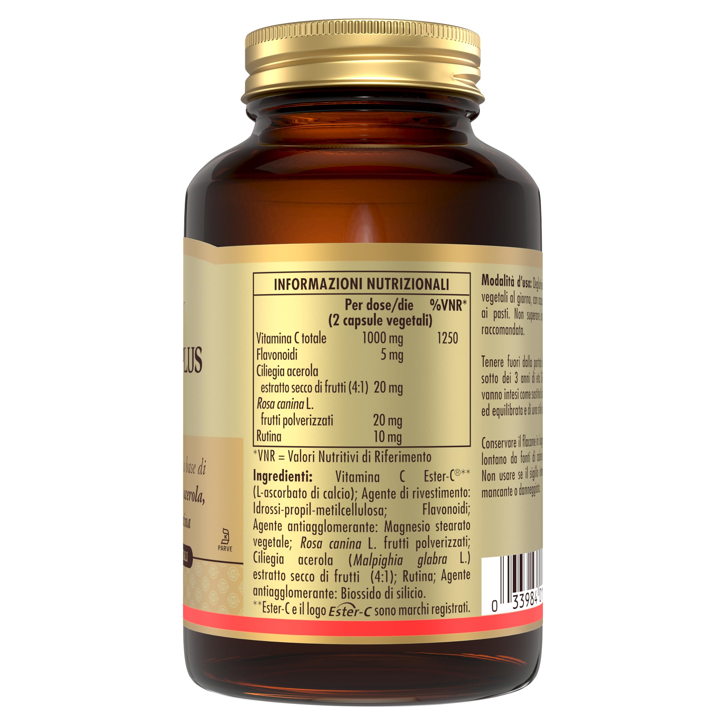 Solgar Ester-C® Plus 500, 100 Capsule Vegetali - Vitamina C pH Tamponato con Bioflavonoidi, Rosa Canina, Ciliegia Acerola e Rutina