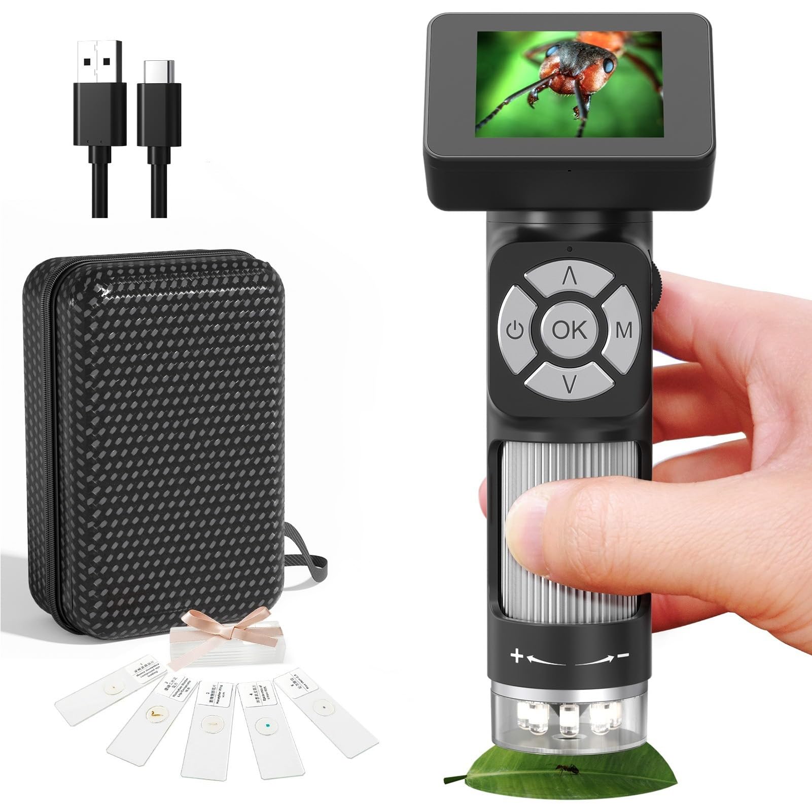 Handheld Digital Microscope, Portable 50-500x Magnification Digital Microscope with 2 inch HD Color Screen, Type C Rechargeable, Photo and Video