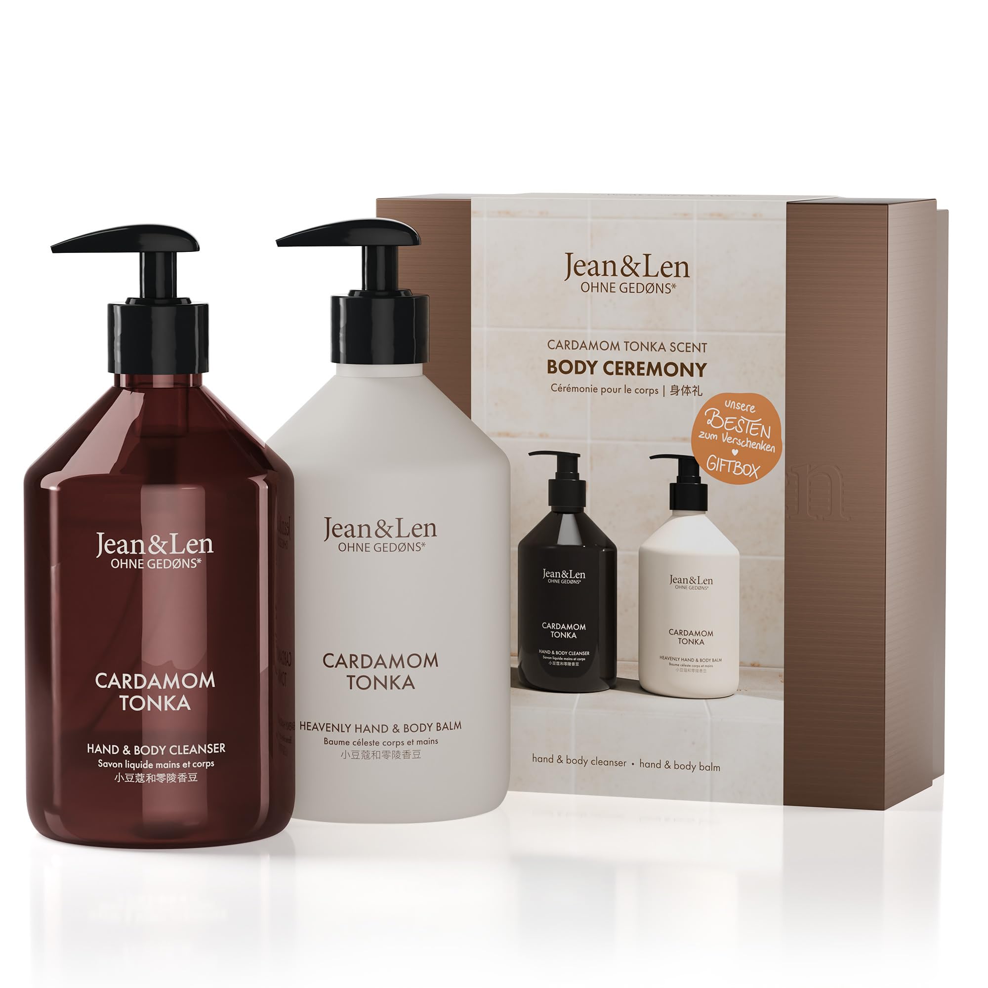 Jean & Len body Ceremony Cardamom & Tonka, Hand & Body Cleanser und Balm, hochwertige Geschenkbox, sanft-würziger Duft, FSC-zertifizierte Verpackung, veganes Geschenkset, 2 x 500 ml