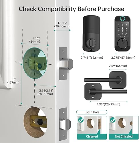 Miniatura 9 de SMONET - Cerradura de puerta sin llave con asa  Cerraduras inteligentes de huellas dactilares WiFi SMONET para puerta delantera, control remoto de