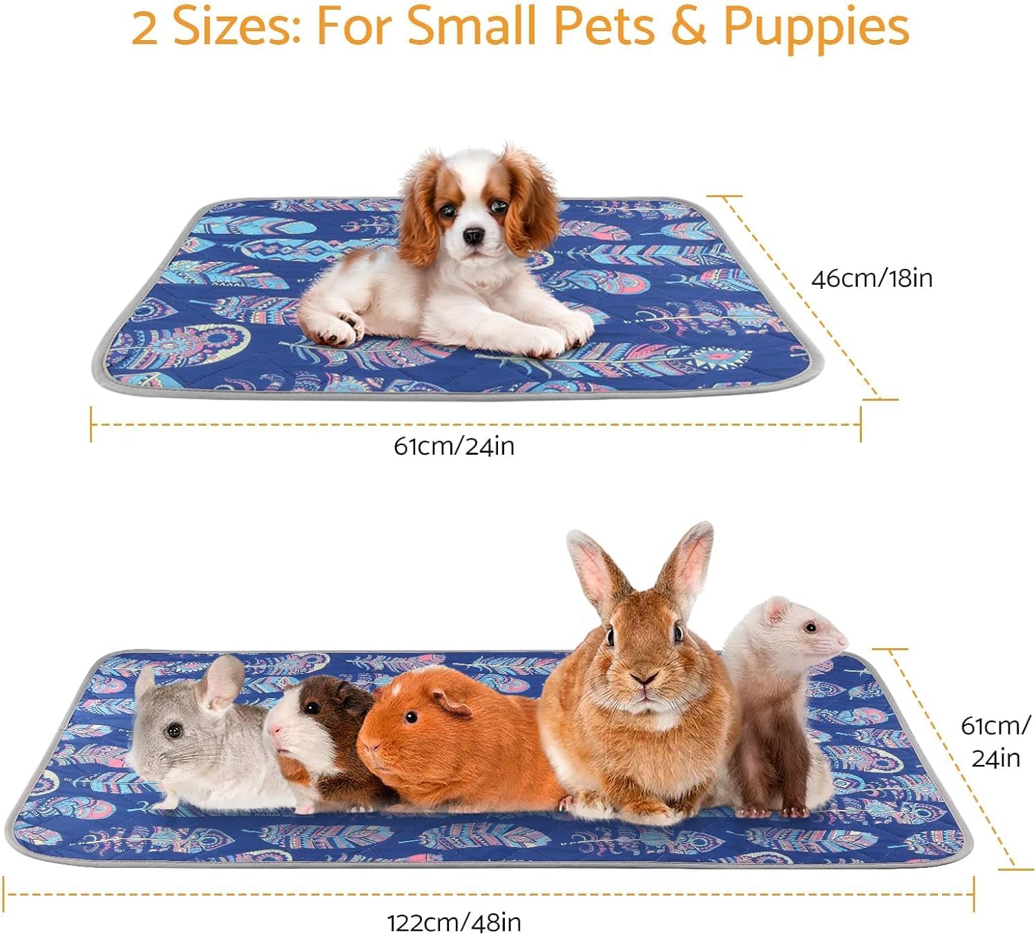 Quick Absorbing Anti-Slip Odor-Resistant Small Pet Cage Liner 48*24in 4pc Washable Reusable Pee Pad for Guinea Pig/Rabbit Cage, Hamster Playpen - Protects Floors/Carpets,