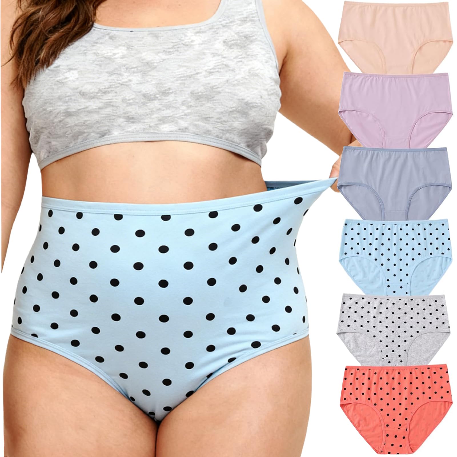 Womens Underwear Cotton Panties Plus Size XL-5XL Mid High Waisted Full Coverage Ladies Briefs 6 Pack