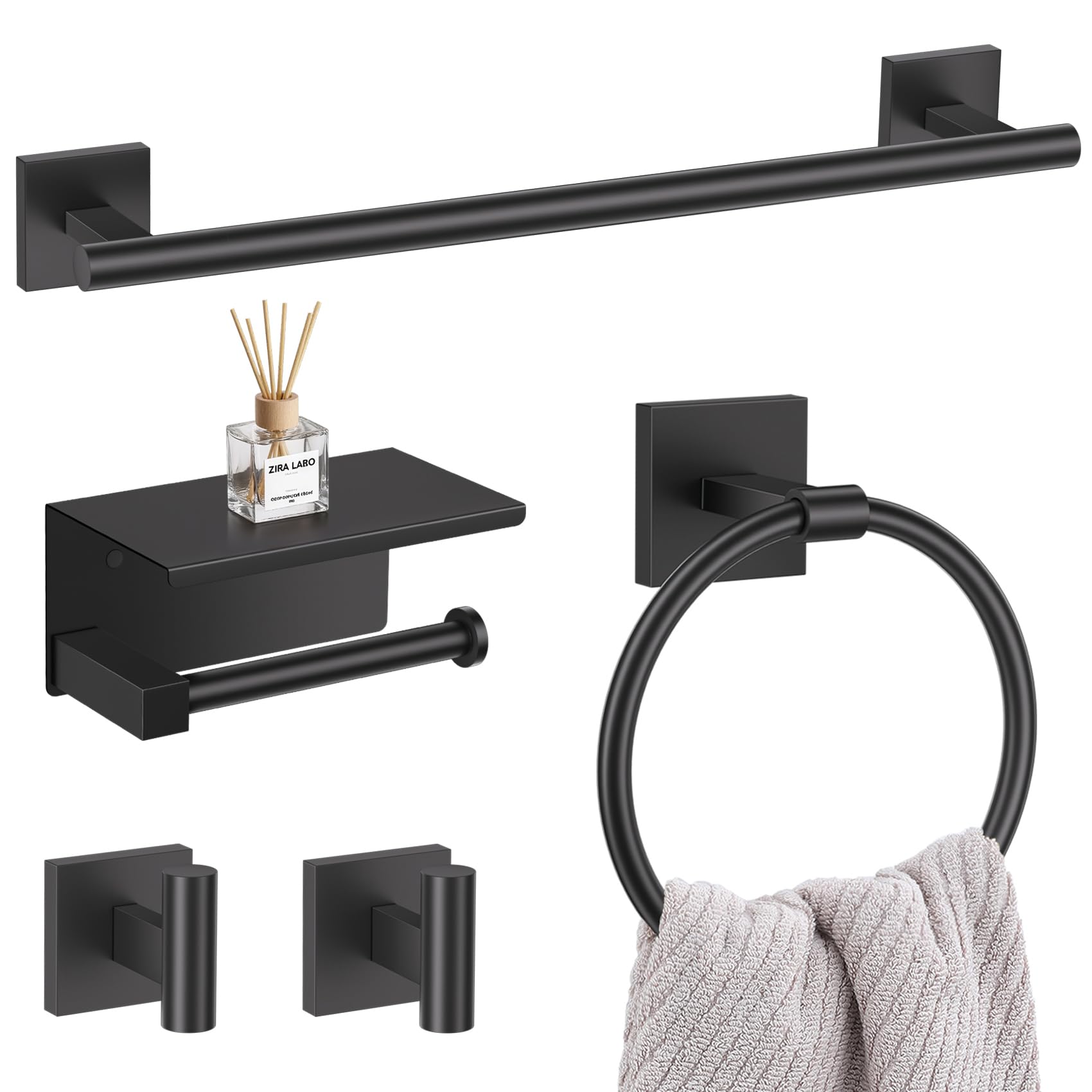 Matte Black Bathroom Hardware Set - 5 Piece Towel Bar -21