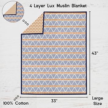 Bacati - Boys 100 Percent Breathable Cotton Muslin 4 Piece Nursery Baby Crib Bedding Set for Boys/Girls US Standard Crib (Triangles Orange/Navy)
