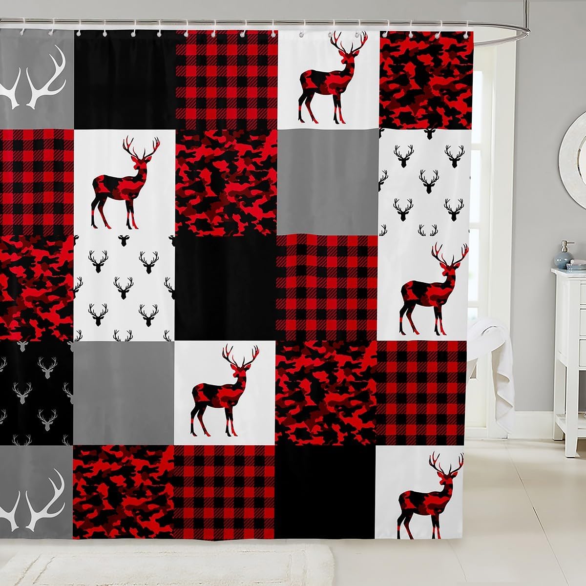 Manfei Camo Deer Shower Curtain - Black Grey Camouflage for Kids Boys Teens Bathroom - Wild Animal Reindeer Antlers Print Waterproof Bath Curtain With 12 Hooks - Suits for Bathtub, 72" W x 84" L