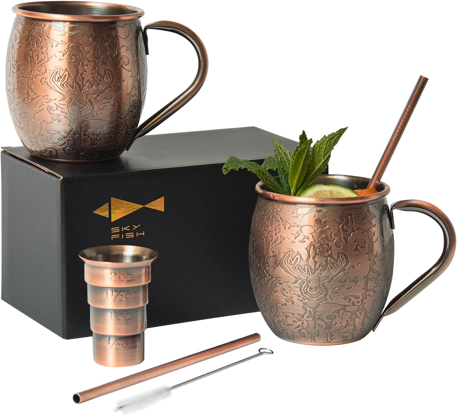 SKY FISH 3D Etched Moscow Mule Mugs Set of 2 Stainless Steel Copper Mugs 18 oz Premium Gift Set with 2 Cocktail Straws, Jigger