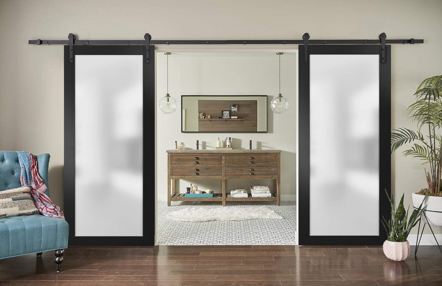 SARTODOORS Sturdy Double Barn Door with Frosted Glass | Planum 2102 Matte Black | 13FT Rail Hangers Heavy Set | Modern Solid Panel Interior Doors -72" x 96" (2 * 36x96)-Black Rail