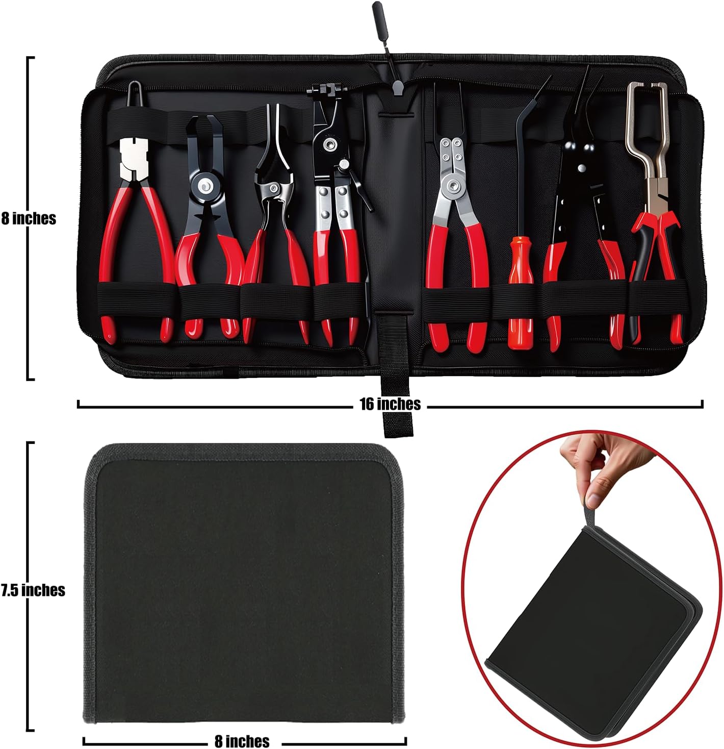 8-Piece Fuel Line Disconnect Tool Set, Fuel Line/Hose Clamp/Removal Pliers, Electrical Disconnect/Push Pin Tools, Relay Puller, Panel Clip Remover & Filter Caliper with Storage Case.