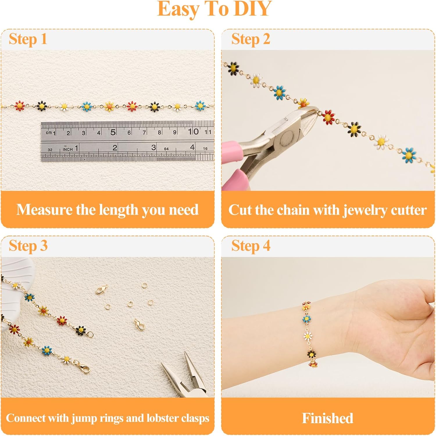 5 Meters Colorful Daisy Chains for Jewelry Making Mixed Color Enamel Flower Chains Bulk for Women Necklace Bracelet Anklet DIY Jewelry Supplies Findings