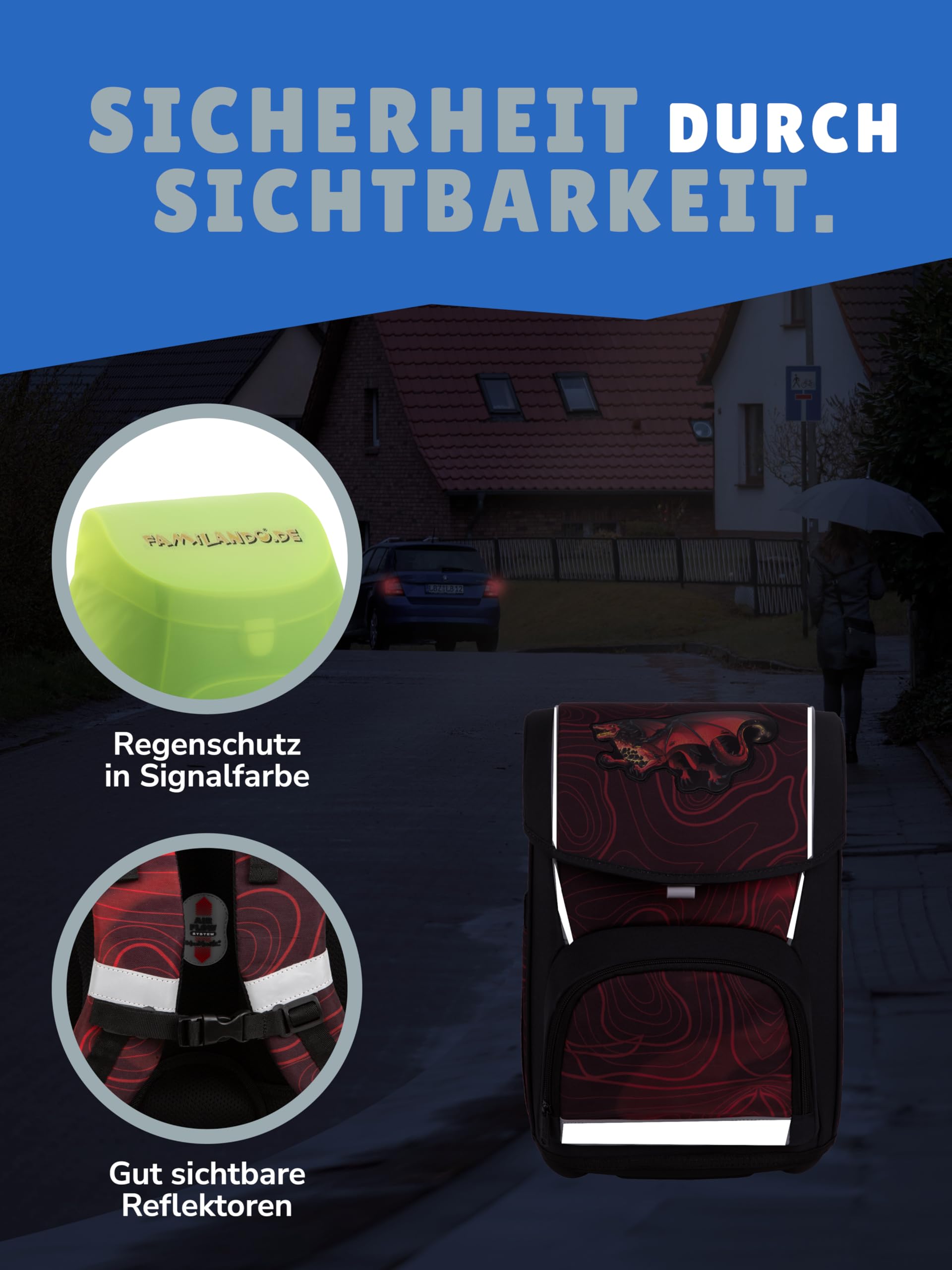 Familando - McNeill Basic Schulranzen Set - 10-teilig mit Schultüte - Drachen - Ergonomisch & Verstellbarer Brustgurt - 960g leicht mit 21L Volumen & Reflektoren - Für Grundschule ab 1. Klasse