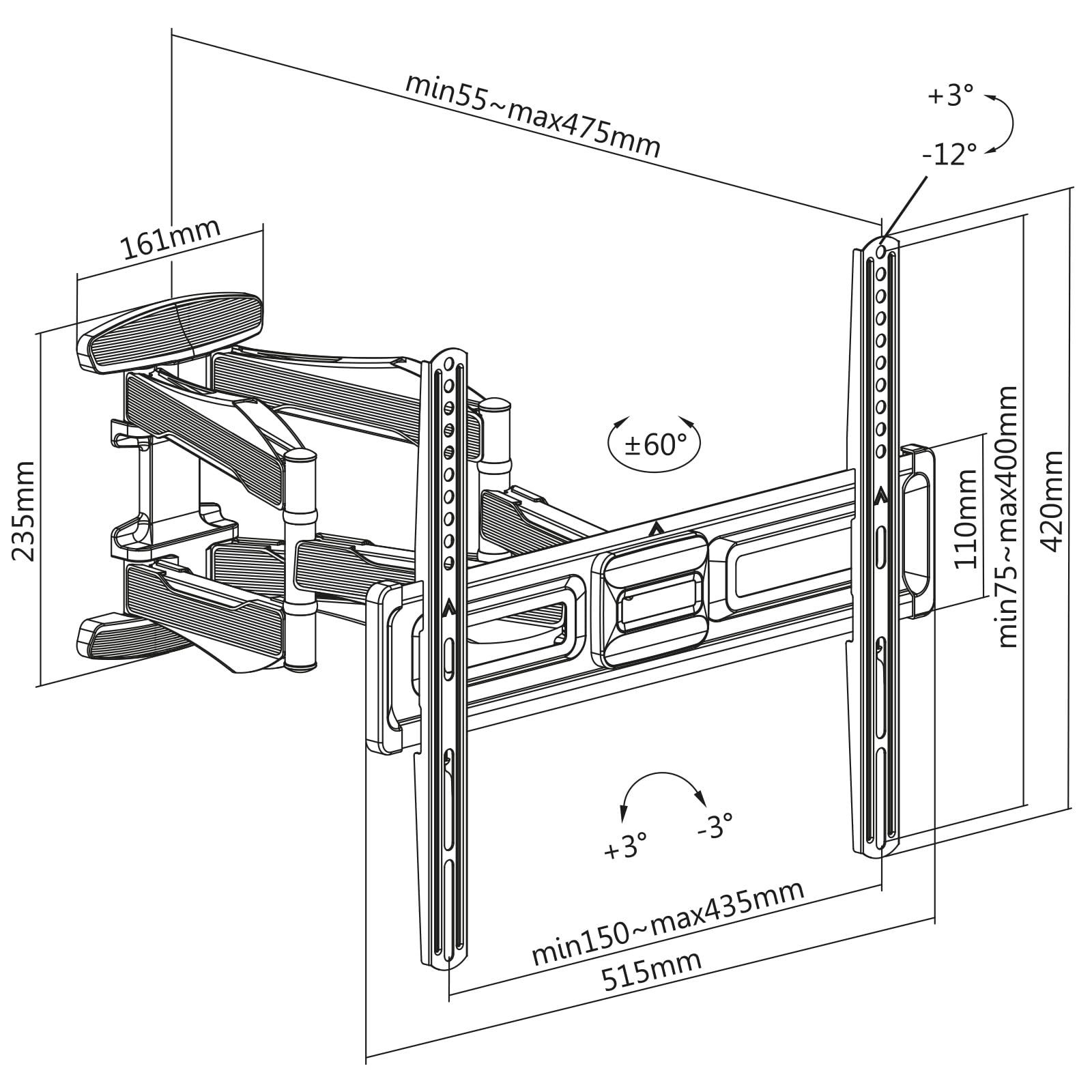 CAVO Motion 400 x 400 mm Supporto a parete per TV per schermi da 32 a 70 | pollici fino a 45 kg, Max VESA girevole e inclinabile per TV e monitor piatti e curvi