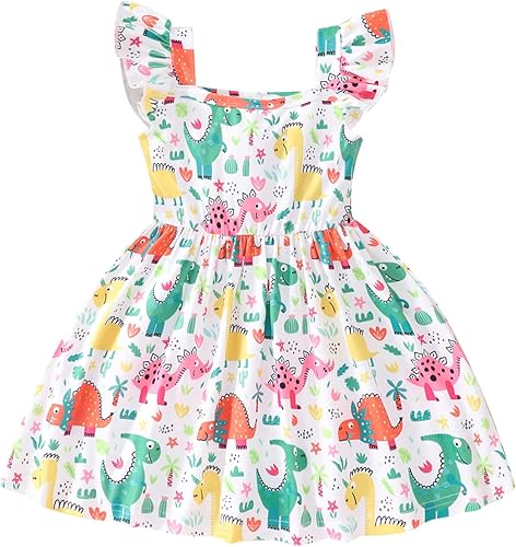 Popshion Vestidos de niña con mangas con vuelo, vestido de verano para niños, fiesta de cumpleaños, sin mangas, vestido de 1 a 8 años