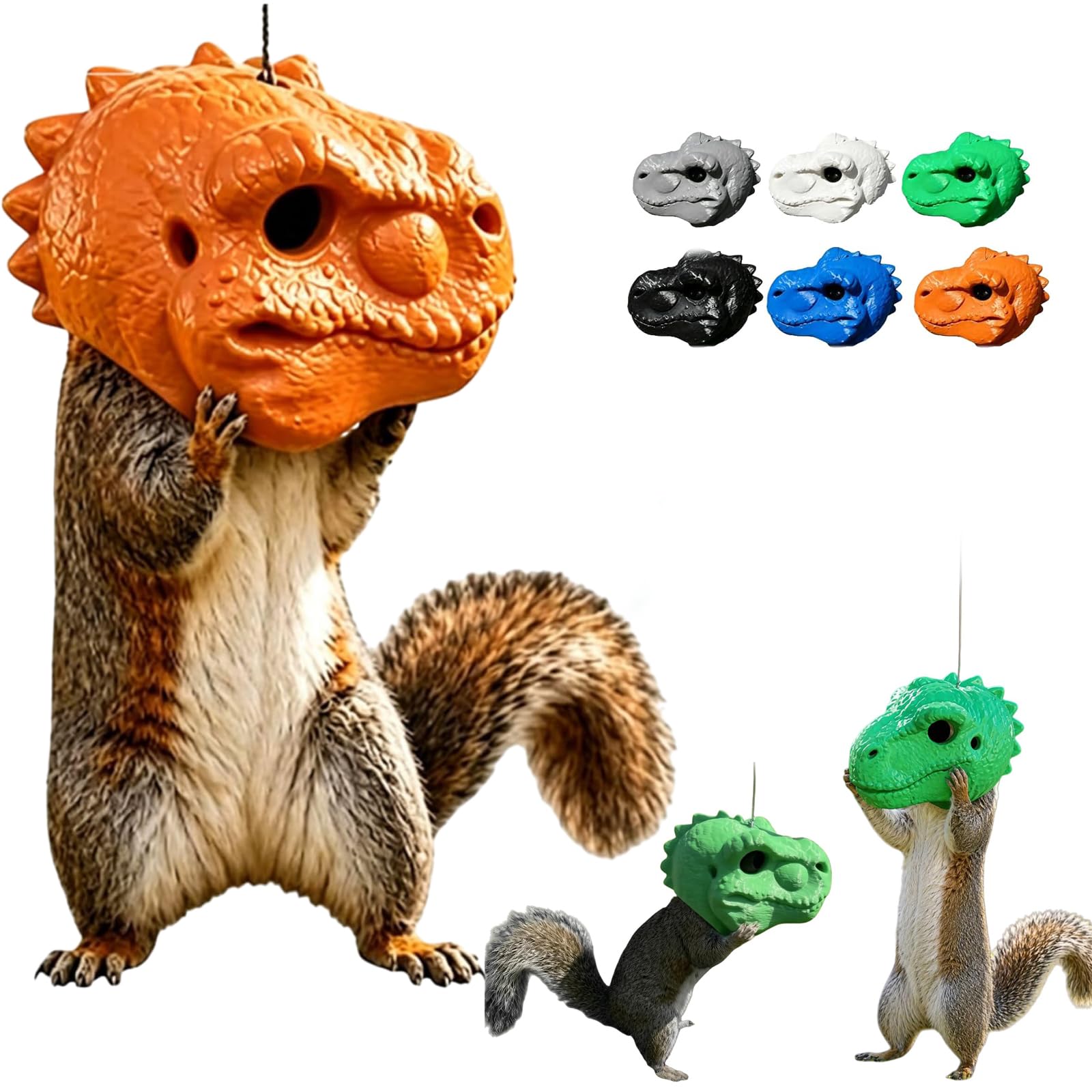 Dinosaur Head Squirrel Feeder, Funny Dinosaur Head Squirrel Feeder for Outdoor Tree Hanging, Weatherproof Resin Animal Head Feeder for Garden Yard Decor, Hollow Bottom Opening Holds Corn (Orange)