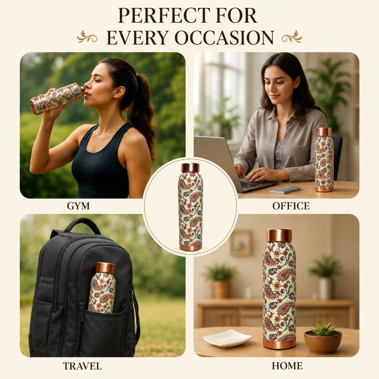 Copper Water Bottle 34 Oz Large Copper Water Bottle For Drinking 100% Pure Ayurvedic Multicolor Vessel For Leak-Proof Lid Bottle for Yoga, Gym, Office, Home & Travel (CREAM) image 5