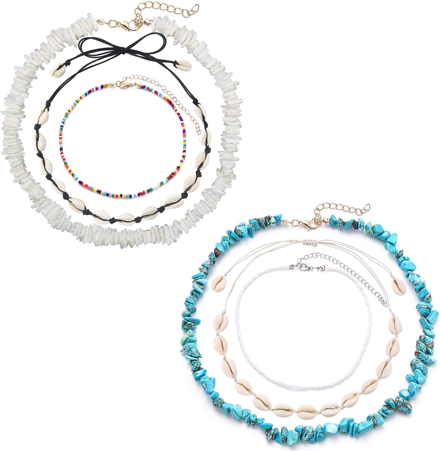 Sunmoon 6 Pieces Natural Puka Chips Shell Necklace for Women Handmade Beads Choker Necklace Hawaii Beach Adjustable