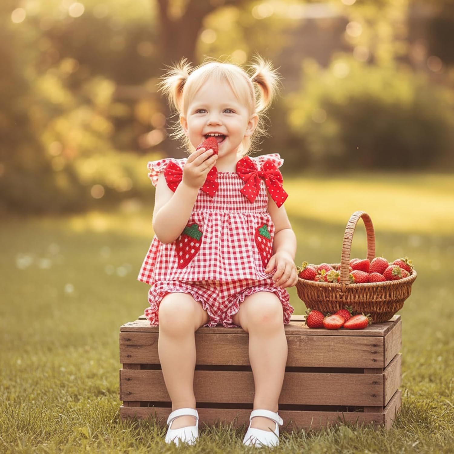 Toddler Baby Girl Summer Clothes Cute Plaid Bows Strawberry Outfit Summer Ruffle Tank Tops Shorts Set 6M-3T - Image 7