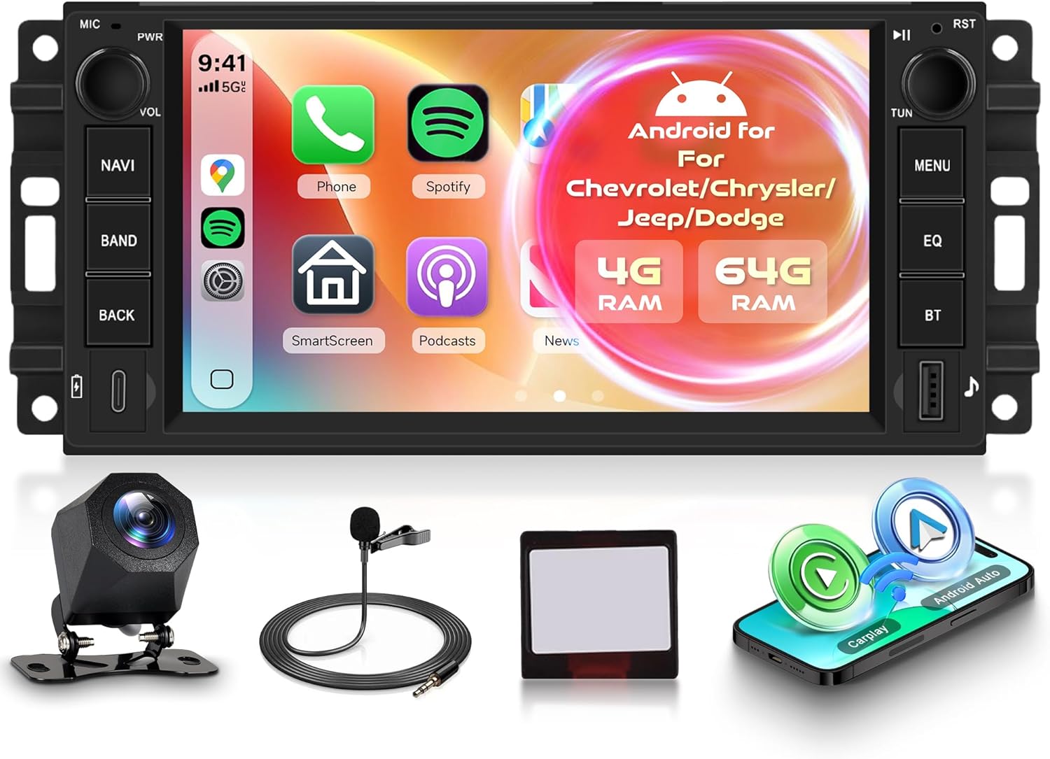 4G+64G Android Car Stereo for Jeep Wrangler JK 2007-2015 Dodge Ram 1500 2009-2011 with Wireless CarPlay Android Auto, 7 Inch Car Radio GPS Navigation WiFi SWC Bluetooth FM with Backup Camera