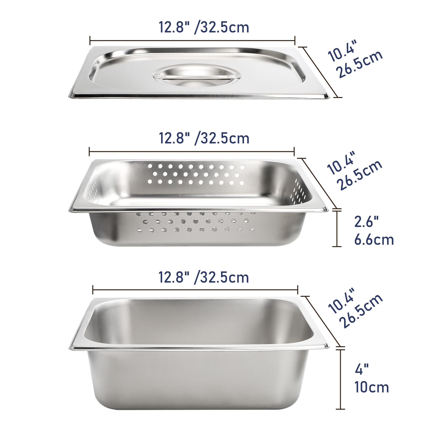 Kingrol Paquete de 3 sartenes de mesa de vapor de 1/2, sartenes de hotel de acero inoxidable de 4 pulgadas de profundidad con tapa, sartén de vapor perforada, sartenes para bufés, catering y cocinas