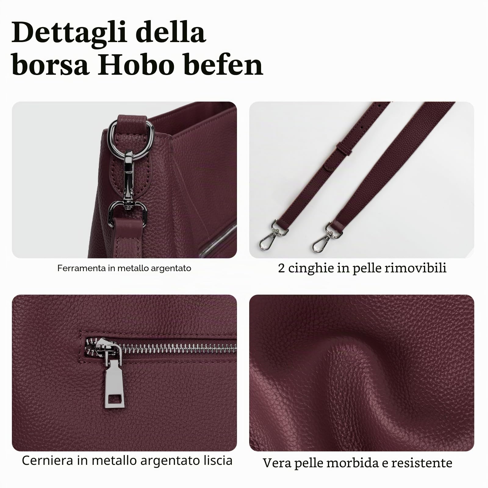 befen Borsa a Spalla Hobo Donna, Borsa a Mano Tracolla Vera Pelle Borsa Tote Media con Manico Lungo - Borsetta Moda Città Classica Pratica Elegante