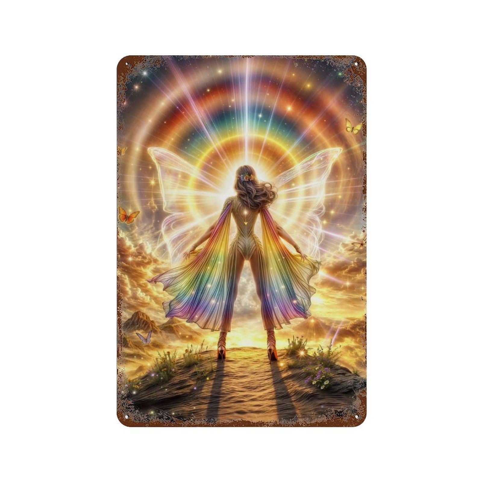 Garage Style Radiant Rainbow Goddess Aged Metal Wall Plaque 11.8"x7.9", Novelty Wall Decor for Bar And Workshop