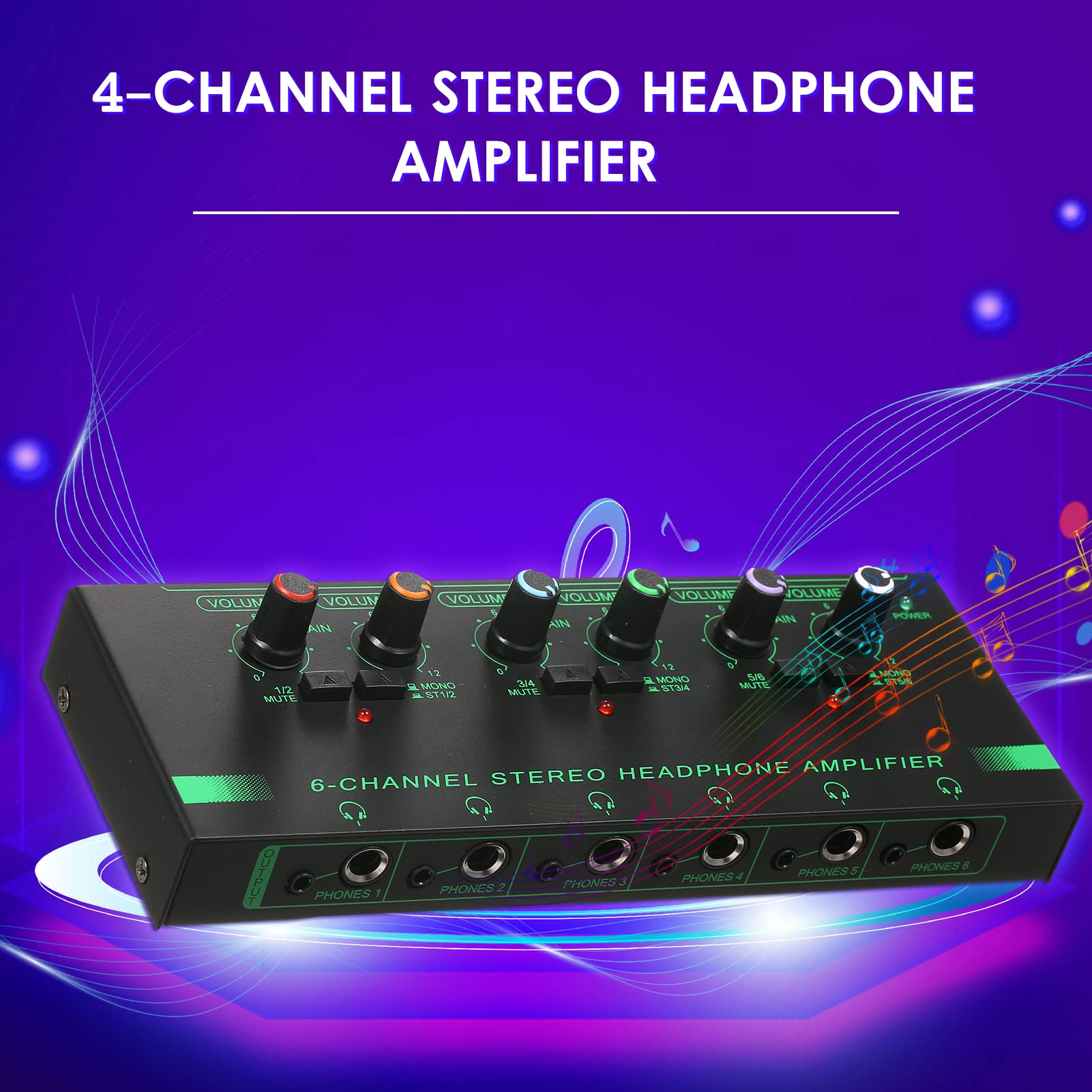 6-Channel Stereo Headphone Amplifier Compact 6 Channels Mini Audio Stereo Headphone Amp with 6.35mm/3.5mm Input Control in-Ear Monitoring System for Se and Studios