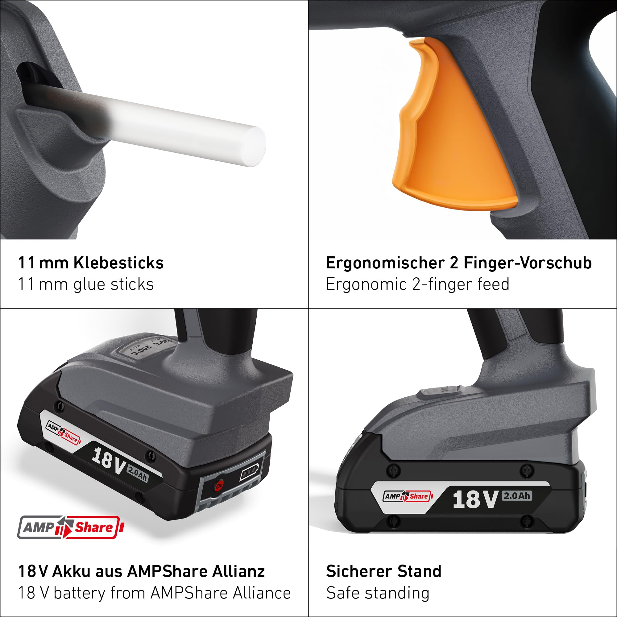 Steinel Pistola de pegamento caliente sin cable MobileGlue 5011 Set incl. batería de 2,0 Ah 18V Bosch AMPShare y barras de pegamento, 130°/200°C
