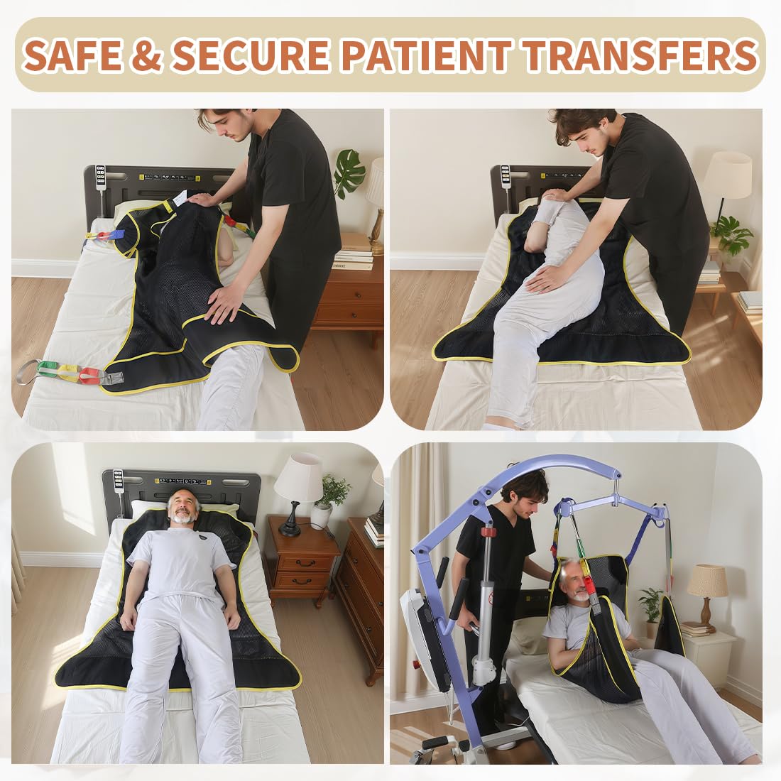 EZ Assistive Hoyer - Eslinga universal de elevación de cuerpo completo para pacientes, para posicionamiento de cama y baño, correa de transferencia para ancianos, postrado en cama (negro, grande)