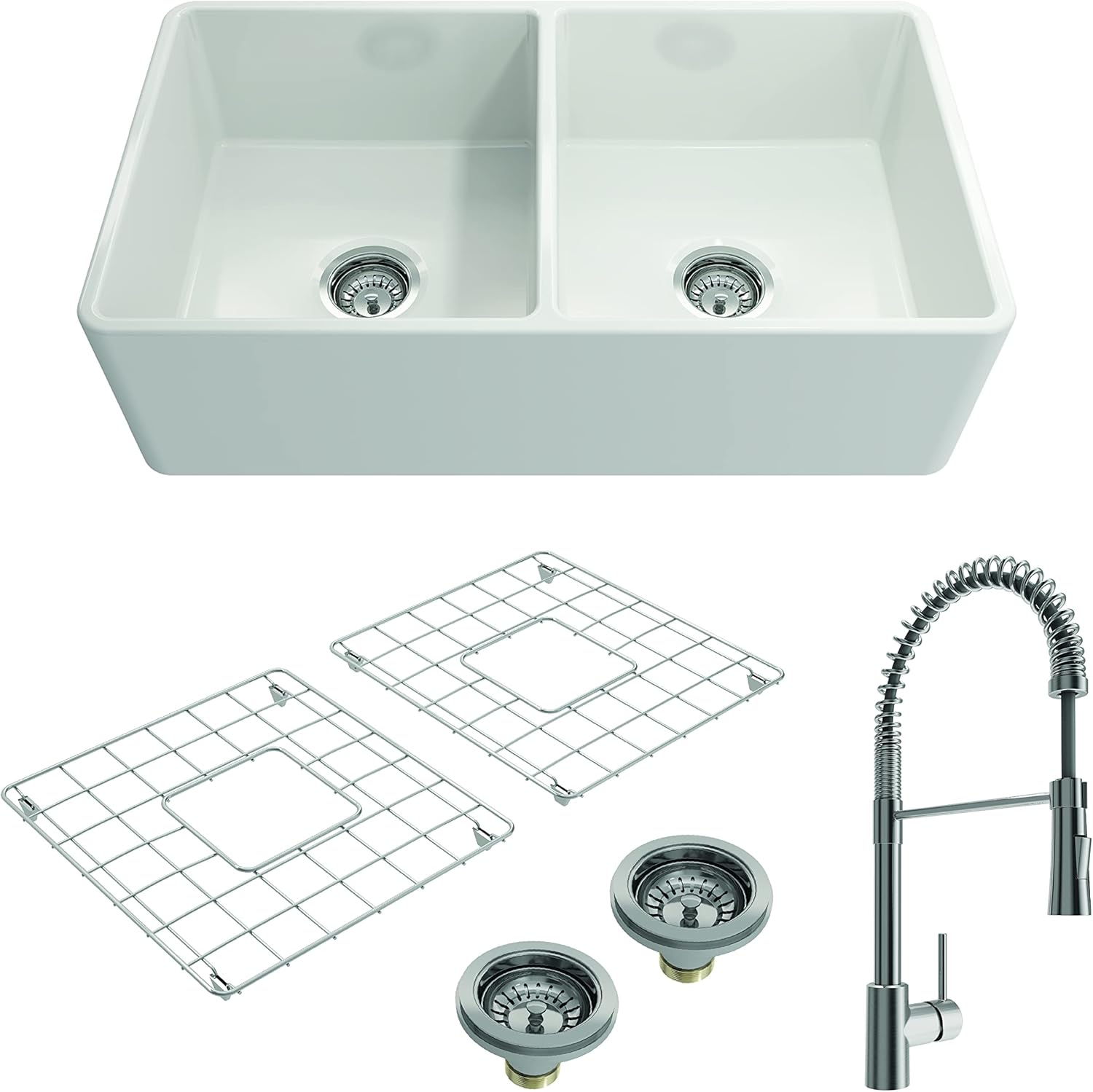 BOCCHI Classico White Apron Front Fireclay 33 in. Double Bowl Kitchen Sink with Protective Bottom Grids, Strainers, and Stainless Steel Faucet