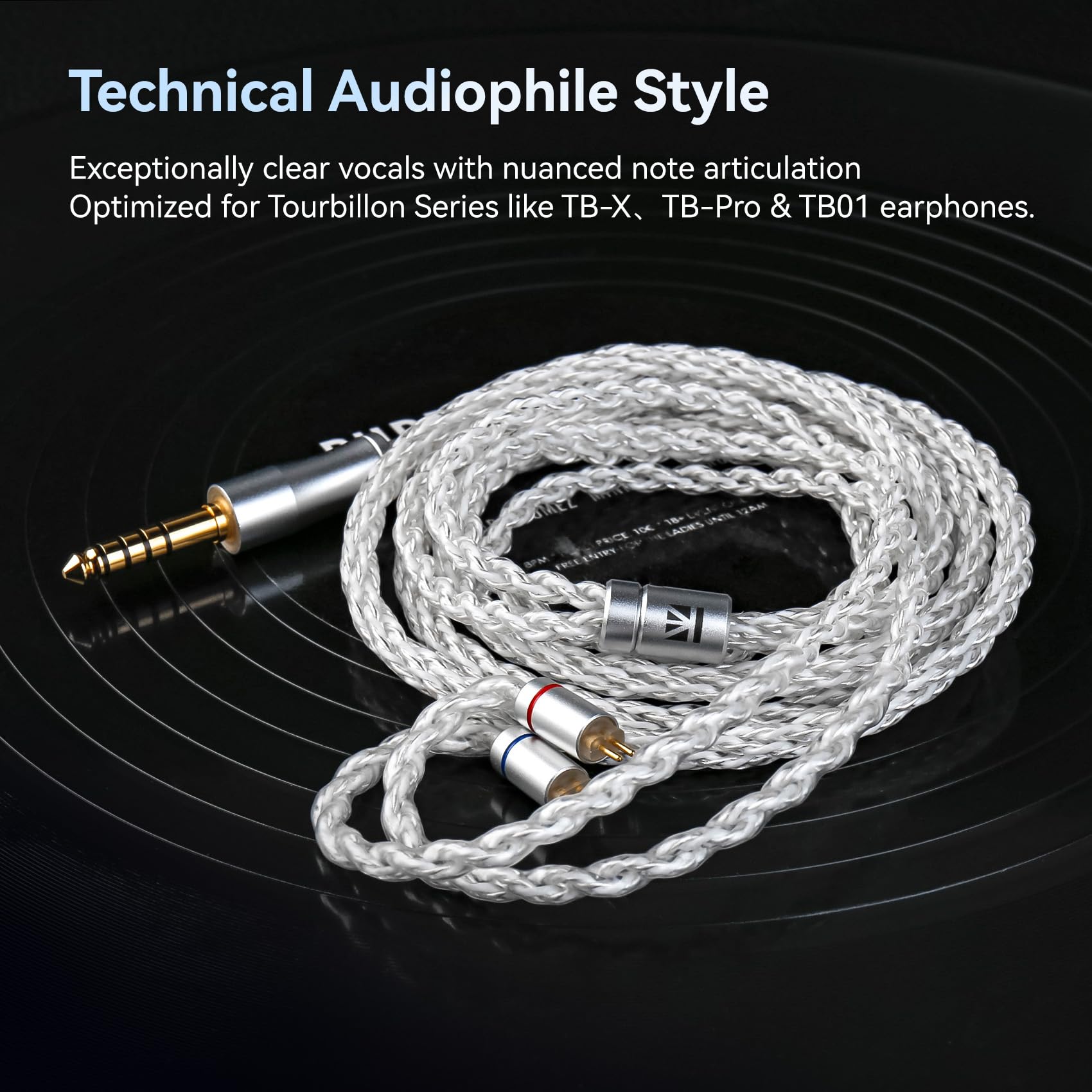 Yinyoo KBEAR IEM Câble à 2 broches, plaqué argent OFC 5N 8 conducteurs, câble 2 Pins 120 cm pour écouteurs intra-auriculaires prise jack 4,4 mm, compatible avec Ki-wi Ears pour musiciens/audiophiles