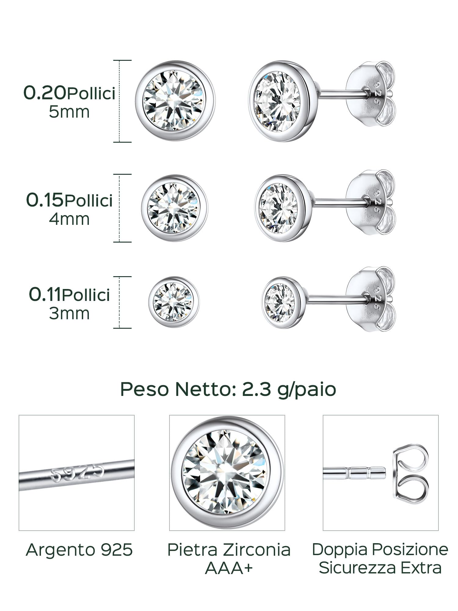 ChicSilver 3/4/5mm Orecchini Donna Punto Luce Argento 925 a Lobo Piccoli | argento 925, diamante brillante, minimalista, elegante, adatto a qualsiasi occasione, per quotidiano anniversario natale