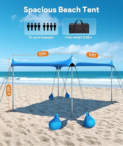 Miniatura 5 de Tienda de campaña de playa, refugio solar, toldo de playa de 10 x 10 pies, toldo UPF50+ con 8 sacos de arena y 4 postes de estabilidad, tiendas de