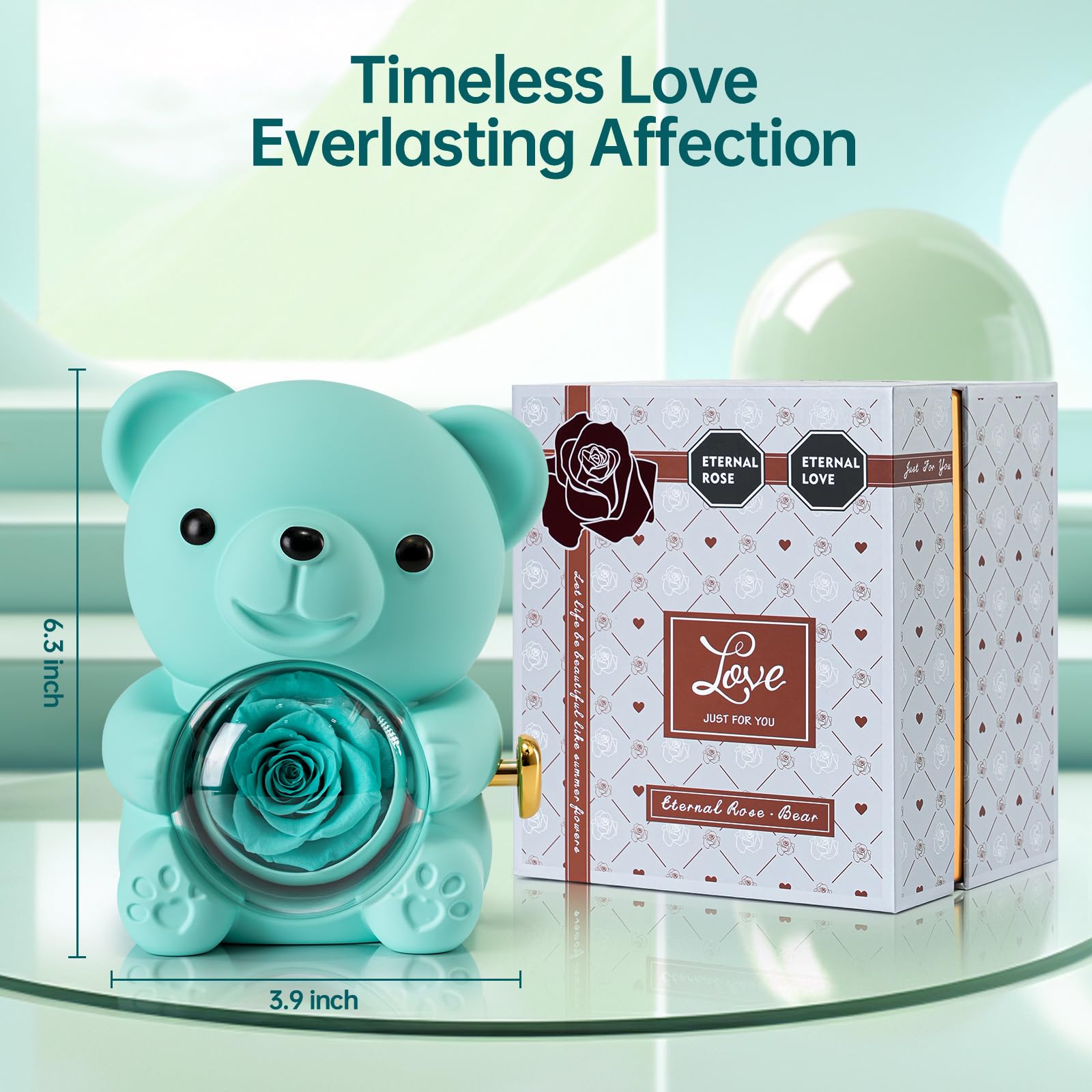 Ariceleo Ours en Rose Bleu Clair avec Rose Éternelle - Fleurs Réelles et Collier en Forme de Cœur - Coffret Gris Élégant - Idée Cadeau pour Saint-Valentin, Fête des Mères, Mariage, Anniversaire
