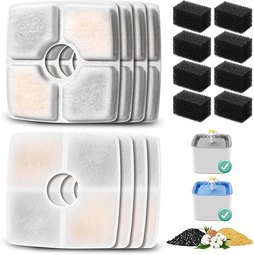 Paquete de 8 filtros de repuesto y 8 esponjas de prefiltro para fuente automática de mascotas de 84 oz2.5 L, filtro de fuente de agua BFLICROY para