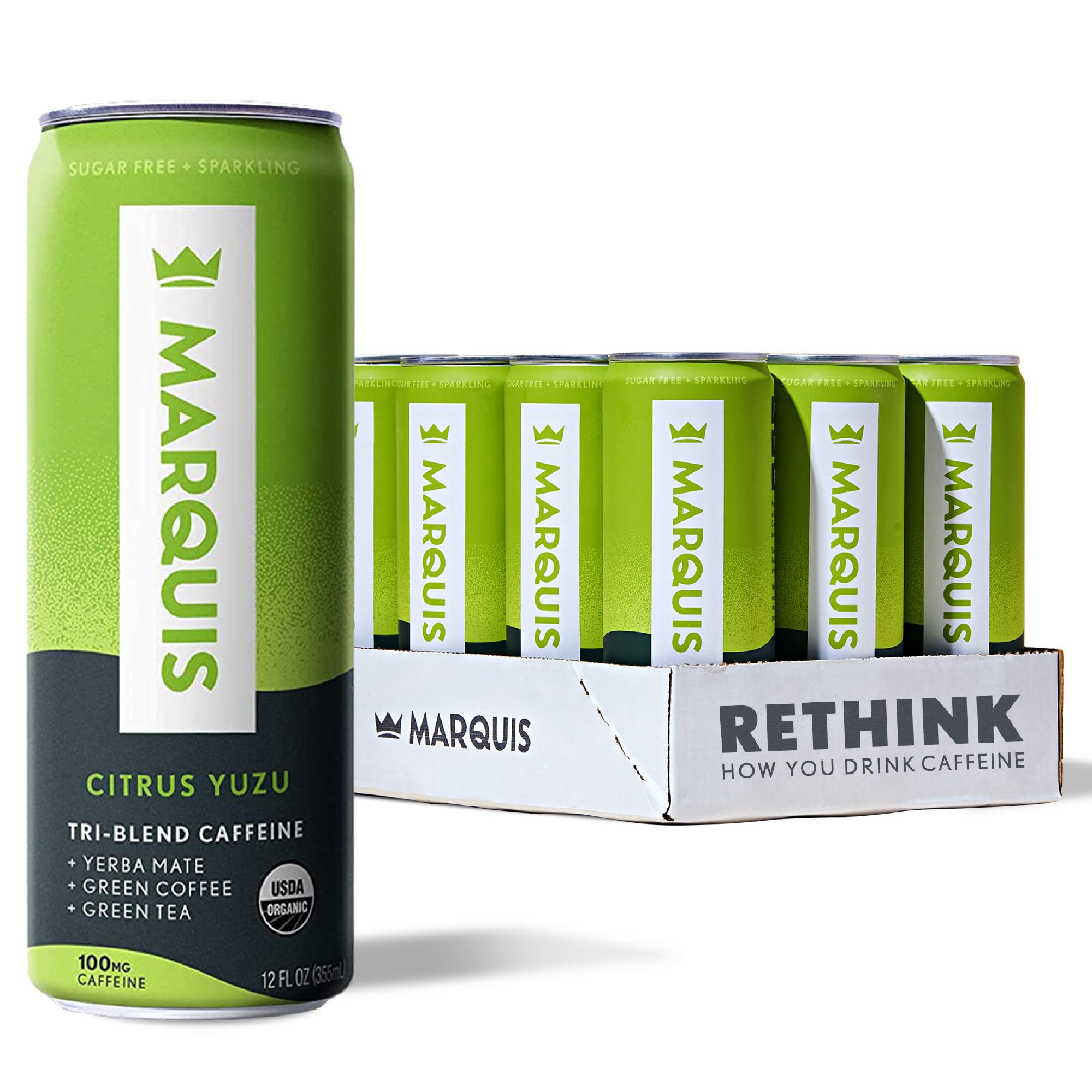 Natural Energy Drink - Citrus Yuzu - Sugar Free - 0 Calories - 100mg of Organic Plant Based Caffeine - Yerba Mate - Green Tea - Vitamin C & B Vitamins - Vegan - 12 oz Cans - 12 Pack