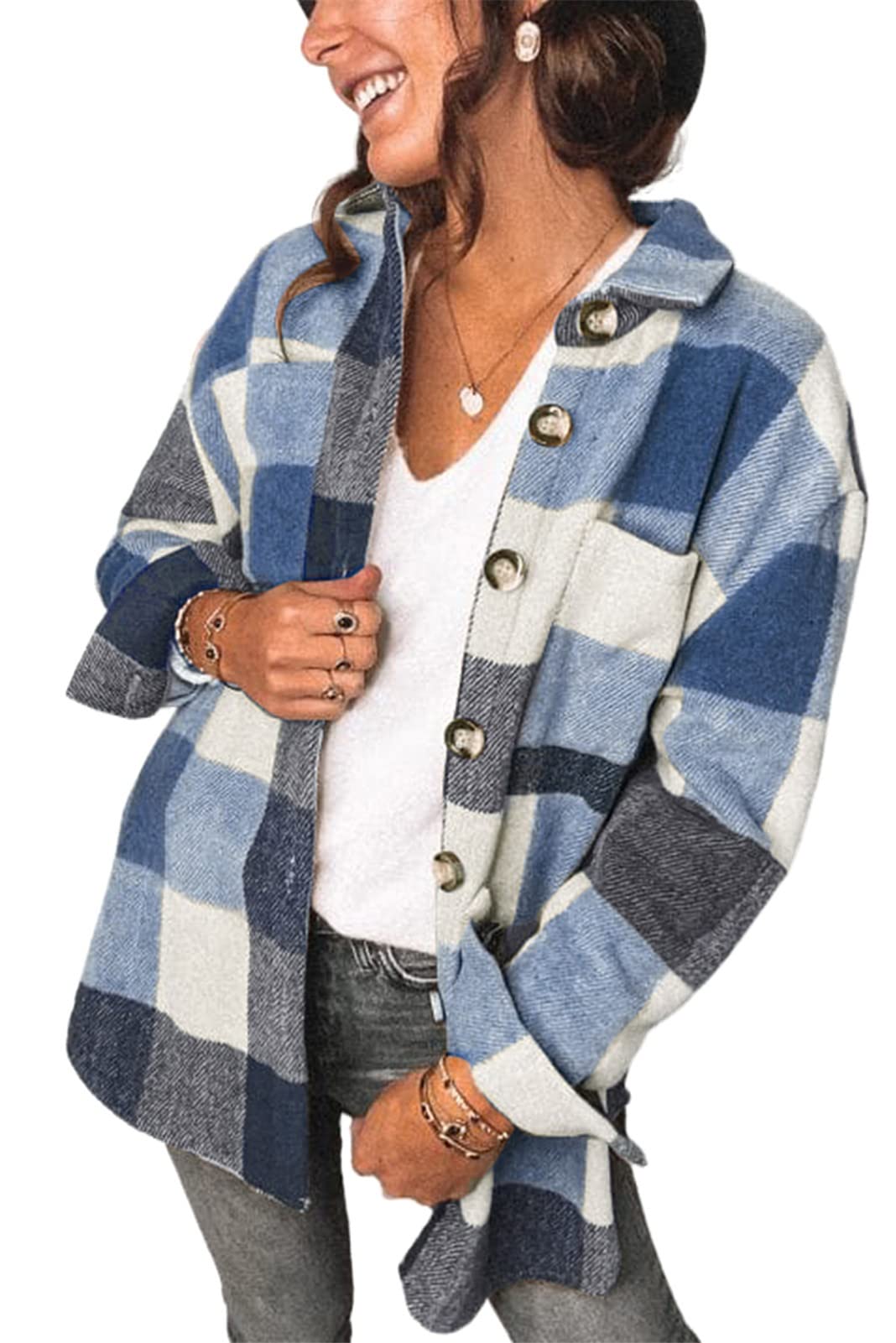 SAMACHICA Womens Plaid Color Block Long Sleeve Button Down Shirts Casual Jacket Tops Shacket