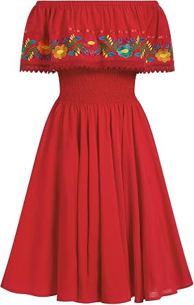 Womens Mexican Embroidered Dress - Off Shoulder Ruffle Hem Traditional Mexican Folkloric Dress for Cinco de Mayo Fiesta