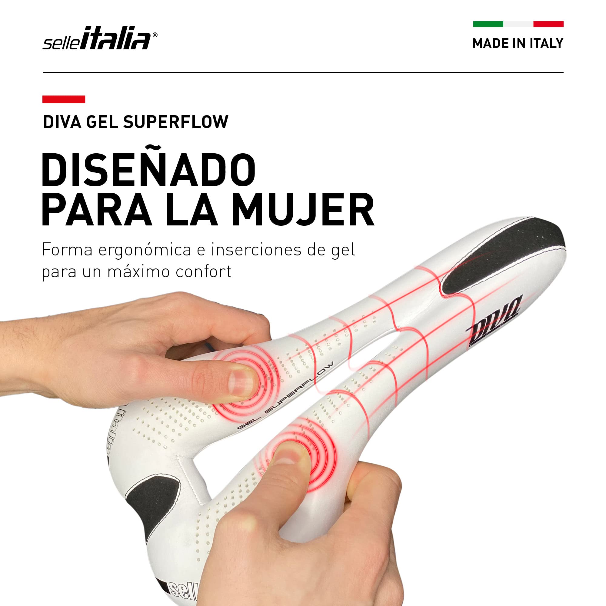 Selle Italia DIVA Gel Superflow - Sillín Bicicleta Mujer, Bicicleta Ciudad, Montaña, City Bike, Cómodo con Agujero Anatómico, Acolchado Gel Ligero - Talla L3, Blanco