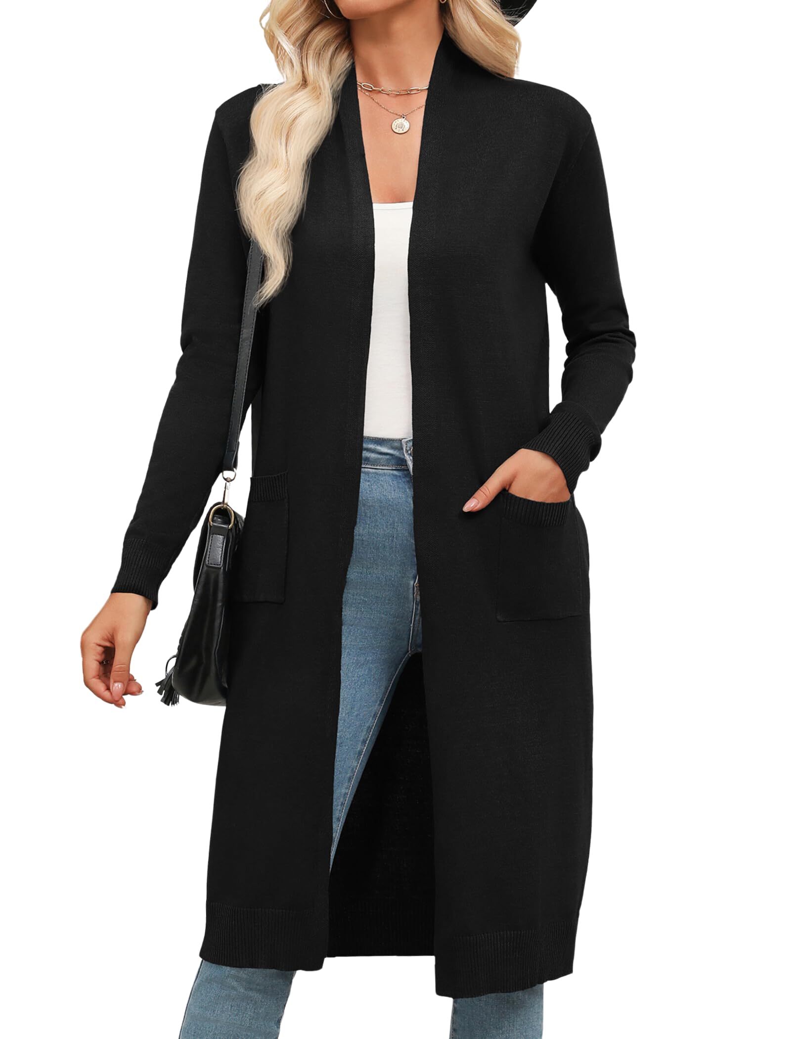 Zeagoo Womens Long Cardigan Sweaters Lightweight Sweater Long Sleeve Open Front Casual Knit Duster Cardigans with Pocket