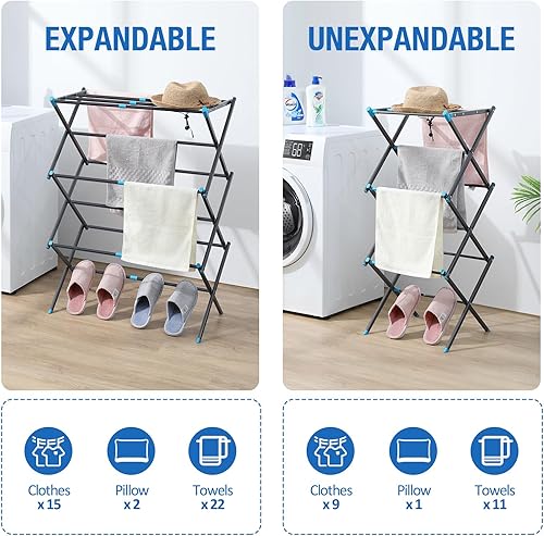 Miniatura 6 de TOOLF Expandable Clothes Drying Rack, Mteal Laundry Drying Rack, 3-Tier Collapsible Clothing Dryer, Adjustable Towel Rack for Air Drying Clothing,