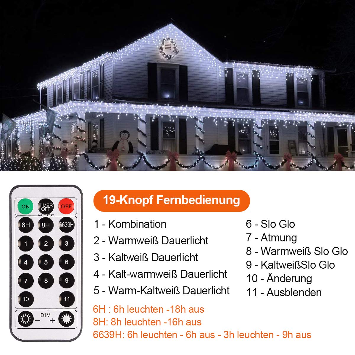 ECOWHO kurtyna świetlna LED, ciepła biel, łańcuch świetlny z 440 diodami LED, lodowy deszcz, 11 trybów pracy, łańcuch świetlny na zewnątrz, możliwość rozszerzenia łańcuchów świetlnych, na Boże Narodzenie, Halloween, wesele, imprezę (9 x 0,8 m)