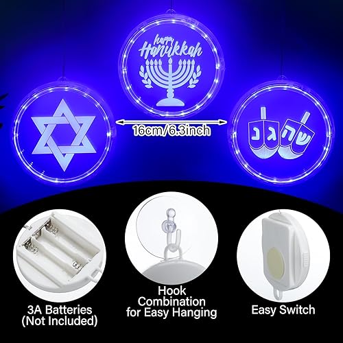 Miniatura 2 de Baquler 3 luces decorativas de Hanukkah, luces azules de Janucá, luces de ventana de Hanukkah, acrílico con pilas, para judaísmo judío, Janucá,