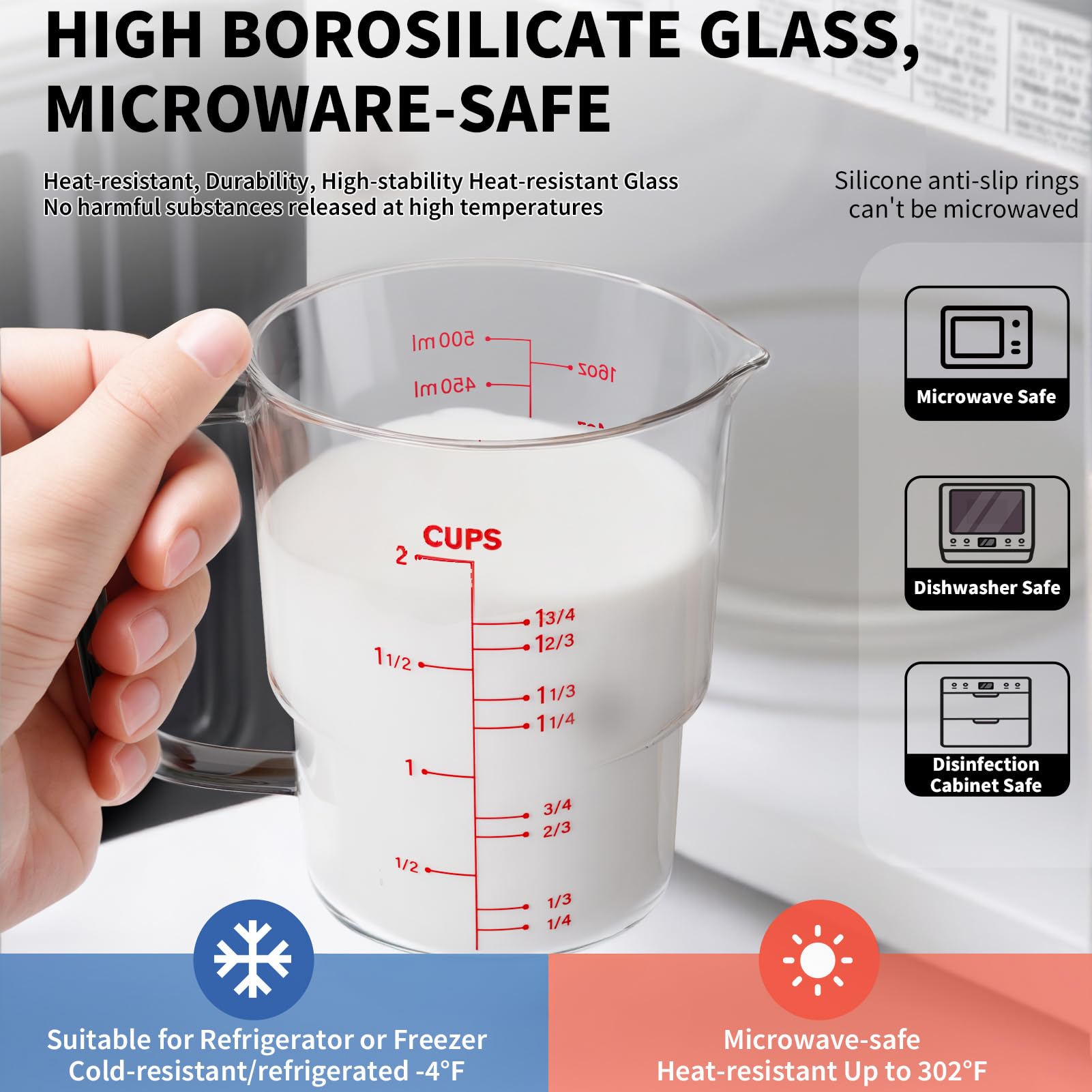 Taza medidora de vidrio de 2 tazas para hornear y cocinar, (actualizada, 3 marcas, incluye escala de taza/ml/onza) apta para lavavajillas, congelador, microondas y horno precalentado 3