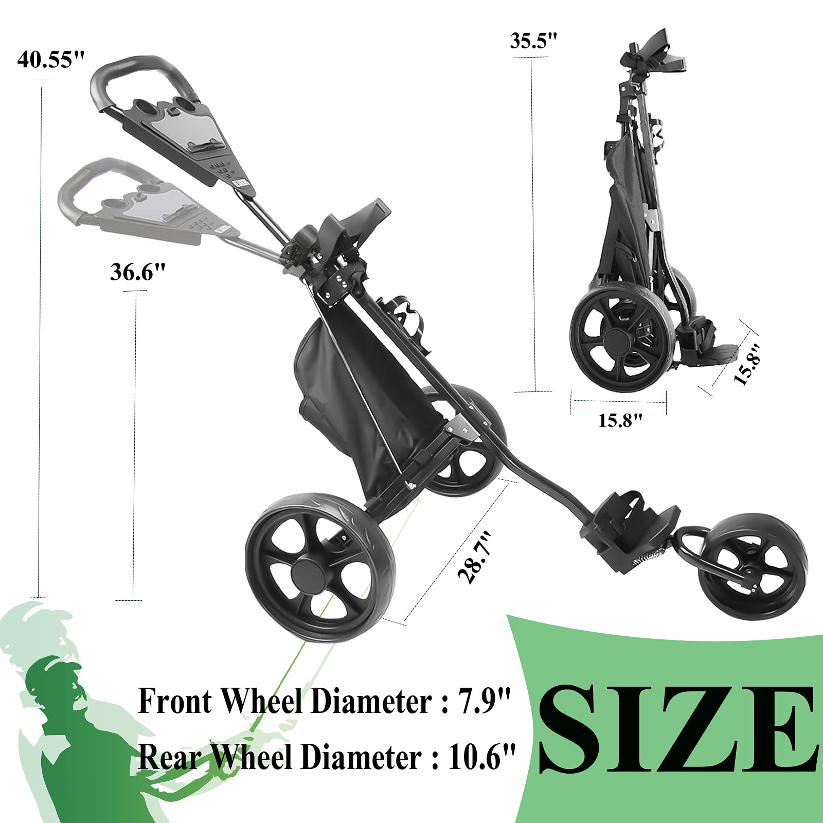 BEI & HONG Golf Push Cart 3 Wheel Folding, Lightweight Golf Pull Cart, Push Cart for Golf Clubs