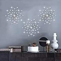 ZEXUIRU 3 Pack Silver Sunburst Wall Decor - Metal Crystal Rhinestone Starburst Art, 14-18 Inch Hanging Set for Living Room Bedroom Bathroom Modern Bling
