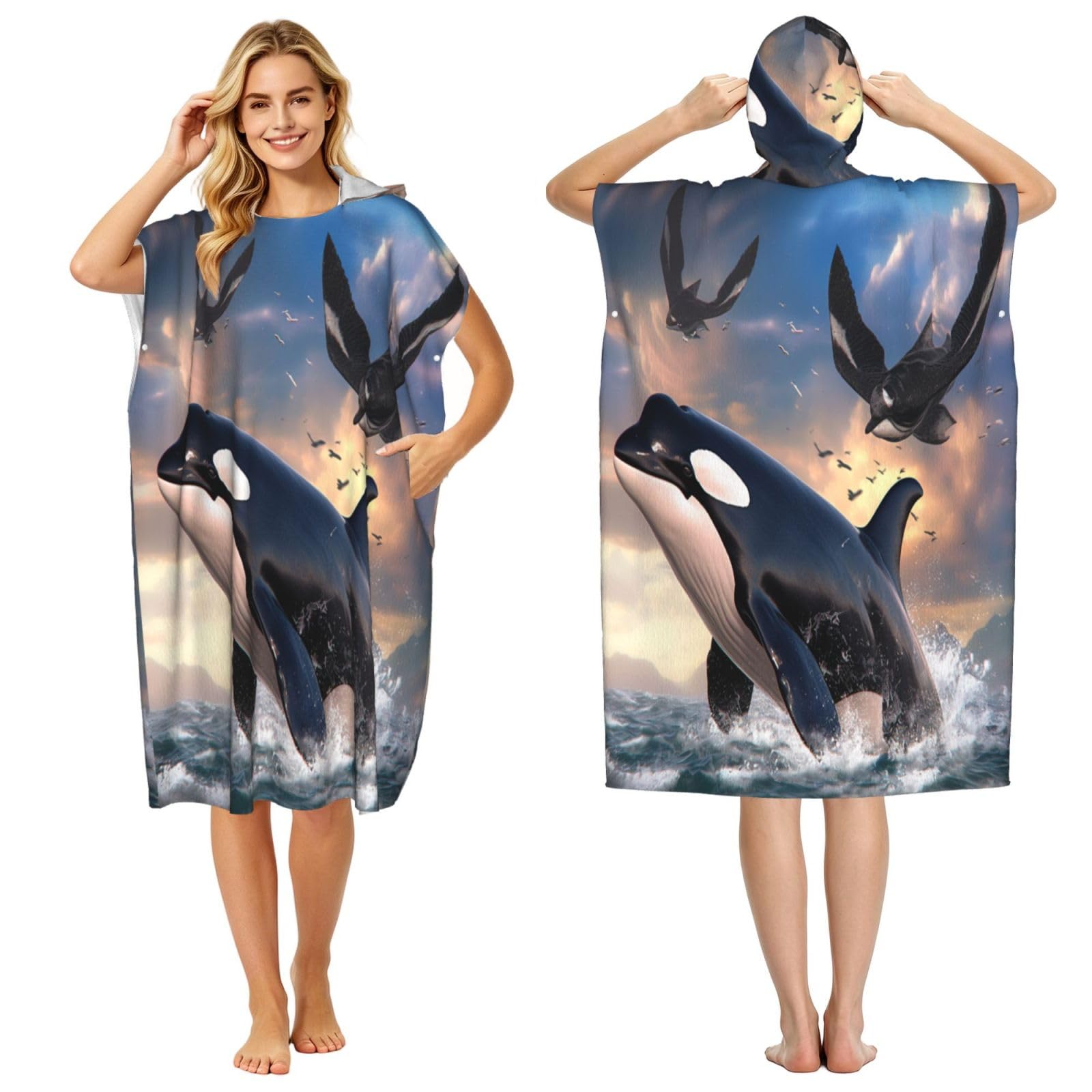 Jumping Killer Whales And Birds Of Prey Adult Hooded Beach Poncho Towel
