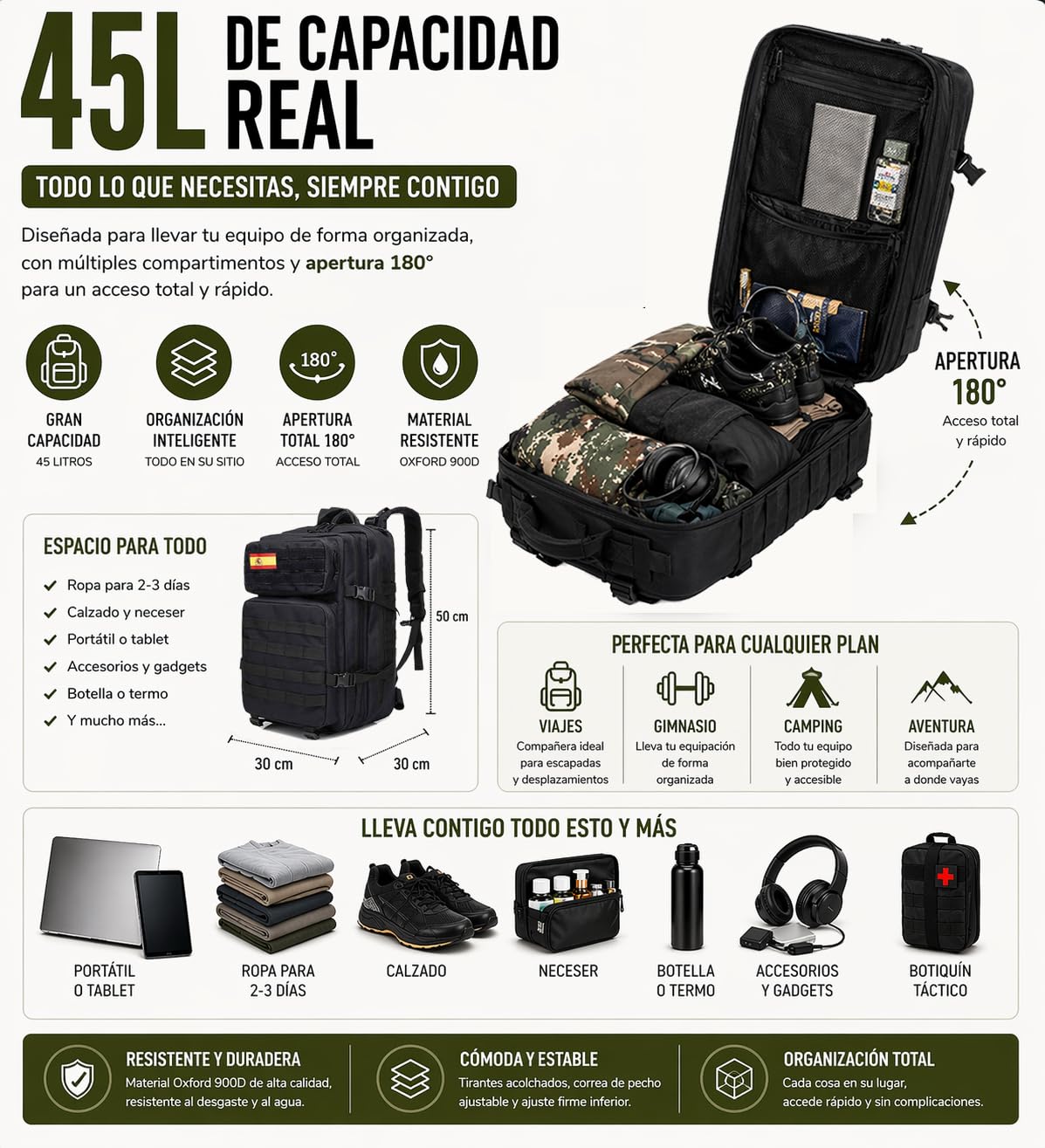 Mochila Táctica Militar 45L con Sistema MOLLE – Mochila Impermeable para Supervivencia y Emergencia, Senderismo, Camping y Outdoor – Mochila Resistente Trabajo y Herramientas + Botiquín MOLLE