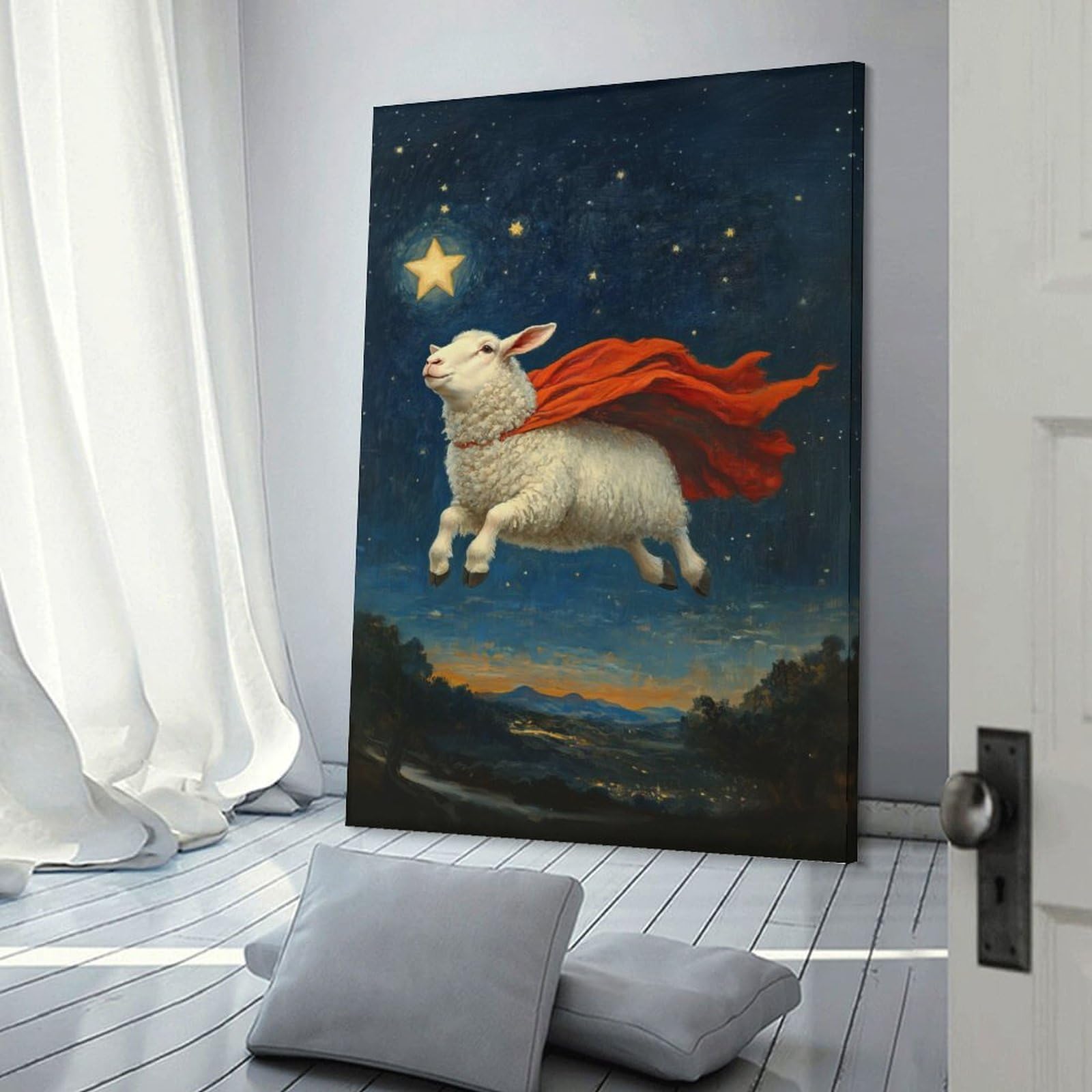 Junmoney Frame-Style-16-1 Wall Art Print Sheep Flying, 24X36inch(60X90cm), For Home Lounge, Bedroom Or Reading Nook, Modern Wall Decor For Cosy Interiors