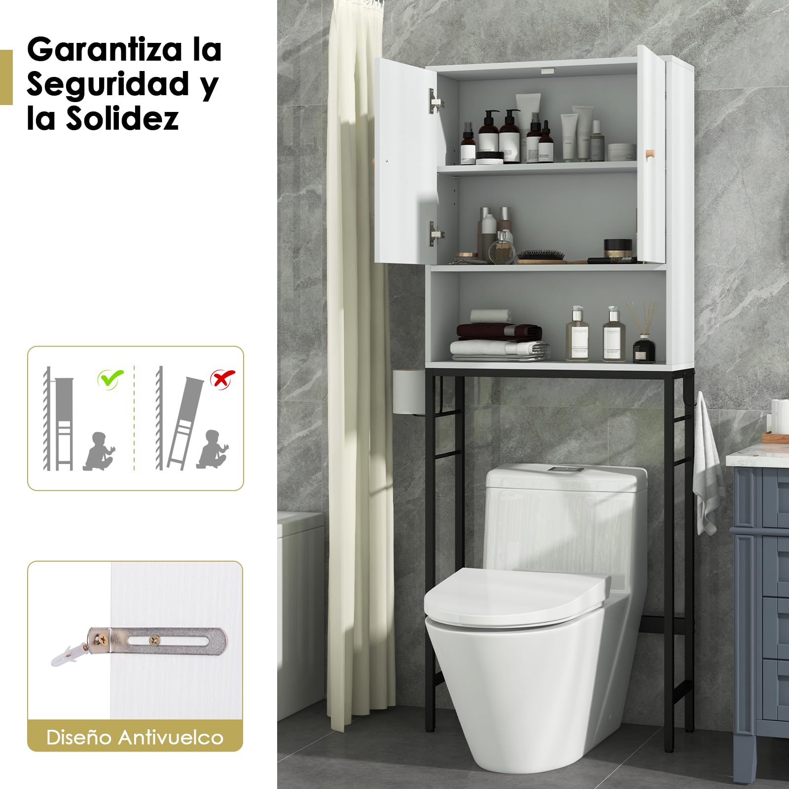 GOPLUS Armario sobre la Mesa del Inodoro, Armario de Baño con Doble Puerta, Compartimento Abierto, Estante Ajustable, Barra Inferior para Lavadero, 63x23x165,5cm (Blanco)
